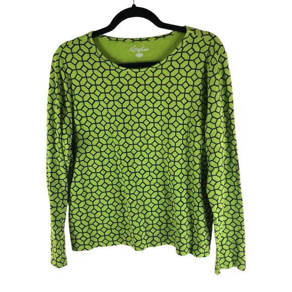Kim Rogers Green Geometric Long Sleeve Scoop Neck Top Cotton Size L - Picture 1 of 4